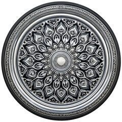 Naklejka premium Ornate, silver-toned circular design with intricate floral patterns