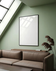 Modern living room with comfortable sofa and blank picture frame on a light green wall under a skylight