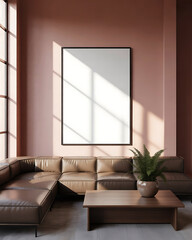 Cozy living room with large sectional sofa and empty framed artwork bathed in warm sunlight