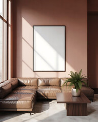 Modern living room with large sectional sofa coffee table and blank square picture frame on a pink wall