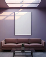 Modern living room with a large blank canvas on a purple wall and a brown sofa