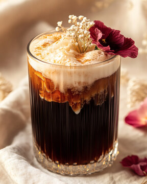 Cold brew cascara fizz with edible hibiscus petals