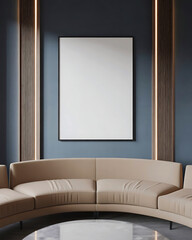 Modern curved sofa in a stylish living room with a large blank white poster on a dark wall
