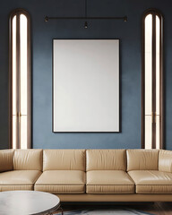 Modern living room with plush beige sectional sofa and illuminated vertical wall sconces