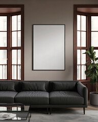 Modern living room with dark grey sectional sofa and large square mirror above
