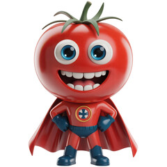 Funny cartoon superhero tomato character with a cape isolated on transparent background