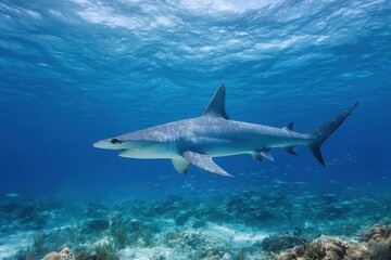 Fototapeta premium A sleek shark gliding through the vibrant underwater environment, showcasing marine life in a serene ocean setting.