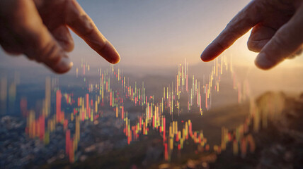 Fingers point at holographic financial charts over a cityscape — a shot about investment ideas, data and forecasting.