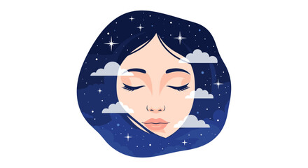 A tranquil illustration of a woman's face with closed eyes, set against a dark night sky filled with twinkling stars and soft clouds, evoking peaceful sleep.