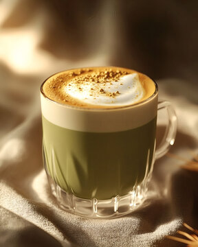 Golden rim light on saffron pistachio cold foam latte