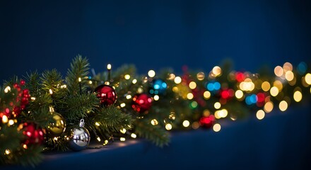 holiday illumination and decoration concept - christmas garland bokeh lights over dark blue background