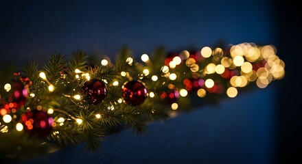 holiday illumination and decoration concept - christmas garland bokeh lights over dark blue background