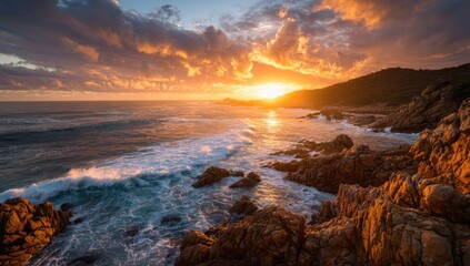 Dramatic sunset over rocky coastline