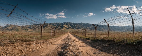 A dirt road stretches between barbed wire fences towards a mountain range under a partly cloudy sky