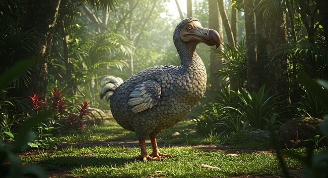 A dodo bird stands on a grassy path in a lush, green tropical forest, sunlight filtering through the trees.