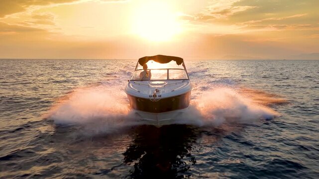Aerial slow motion font view of a motor speedboat cruising over the ocean during golden summer sunset time