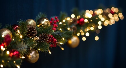 holiday illumination and decoration concept - christmas garland bokeh lights over dark blue background