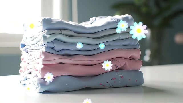 Dynamic View of Fresh Laundry Stack with Floating, Glowing Fragrance Blossoms