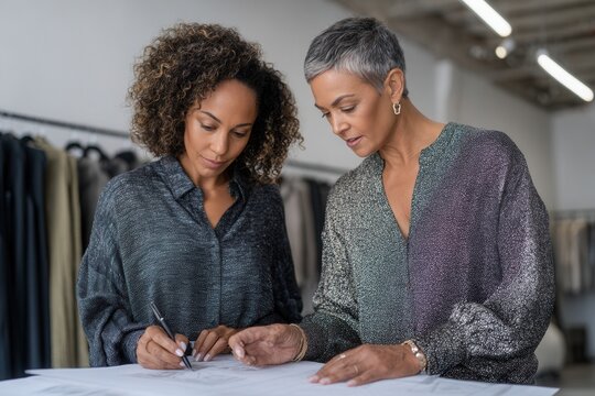 Two women working together on fashion sketches in a modern studio, showcasing creativity and collaboration in the fashion industry.