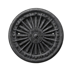 Obraz premium Ornate, circular, dark gray metal wheel design. Detailed spokes radiate from a central hub. Intricate decorative elements around the rim
