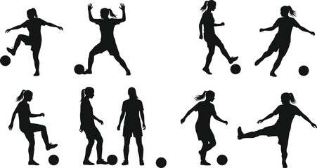 Silhouettes of female soccer players in action poses, kicking, dribbling, balancing ball, vector illustration for sports, training, and athletic designs