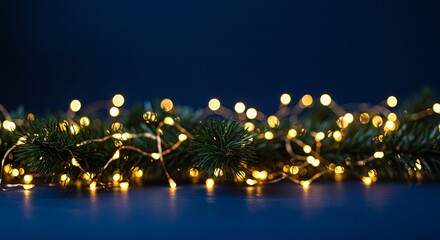 holiday illumination and decoration concept - christmas garland bokeh lights over dark blue background