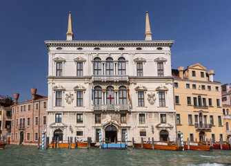 Renaissance facade of Ca Pesaro building on the Grand Canal in Venice Italy