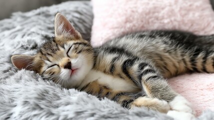 funny cute tabby kitten sleep tight on fluffy blanket, cozy 