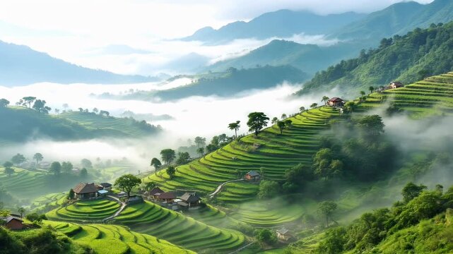 Stunning view of rice terraces in a misty mountain landscape, perfect for travel