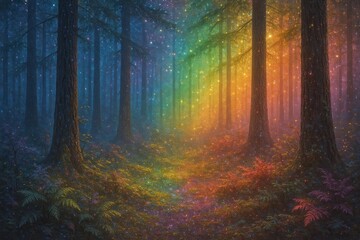 Obraz premium Magical forest with rainbow lights.