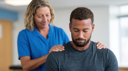 A therapist offers a calming massage to a male client in a bright clinic. The atmosphere is soothing and professional, promoting relaxation and wellness.