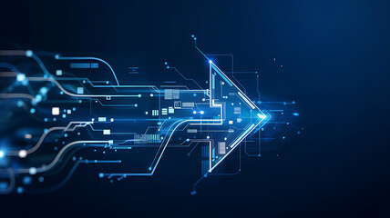 Blue vector illustration of a digital house blueprint with a futuristic tech pattern on a communication network circuit