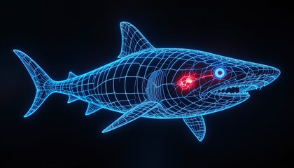 A glowing wireframe model of a shark, showcasing its intricate skeletal structure against a deep black backdrop.
