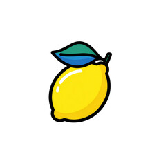 Bright yellow lemon, simple cartoon style, with teal leaf