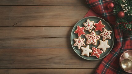 Star shaped Christmas cookies on a plate with festive fabric