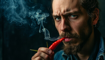 Obraz premium An angry man lights a hot pepper and is ready to fight.