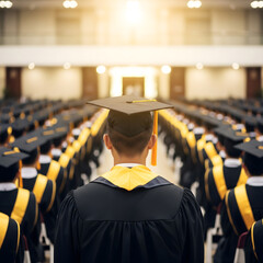student graduation ceremony stage back view facing hat cap collage university crowd waiting for award certificate wearning golden black gown ribbon success education graduate in line commencement day
