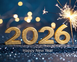 Happy New Year 2026 with sparkler on blue glitter bokeh background