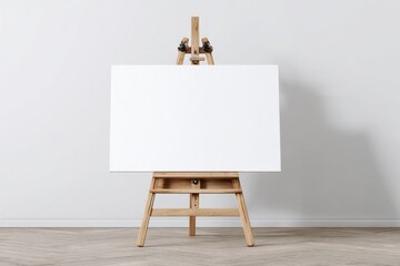 Blank white canvas on an easel on a wooden stand, a mock-up on a neutral background. Empty space for text or design. Web banner. Landscape artist easel painter, stand, frame. Sign Painting Mockup