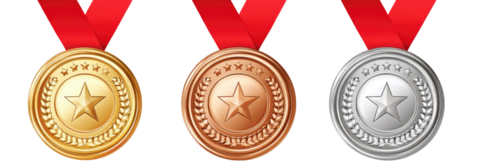 Three medals with red ribbons.  Gold, silver, and bronze