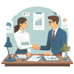 Business deal illustration of man and woman shaking hands over desk with charts and documents