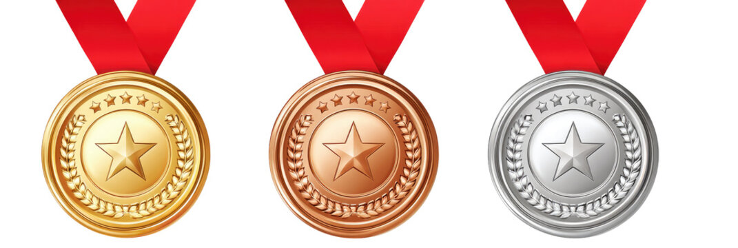 Three medals with red ribbons.  Gold, silver, and bronze