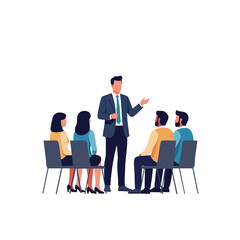 A business presentation with a man standing and presenting to a group of seated people in a meeting