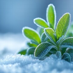 Delicate green plant leaves covered in frost 