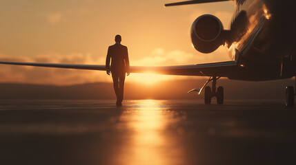 Elite Businessman Boarding Gulfstream G700 Private Jet with Polished Metallic Exterior Reflecting Sunset. Generative Ai