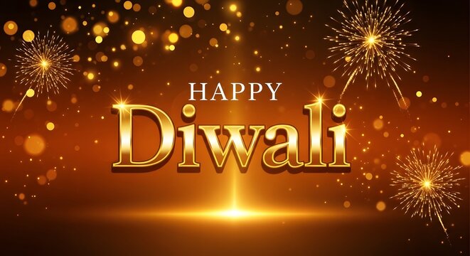 Happy diwali golden text with fireworks and sparkling lights on a warm gradient background, conveying celebration, prosperity, and the festive spirit of deepavali - Powered by Adobe