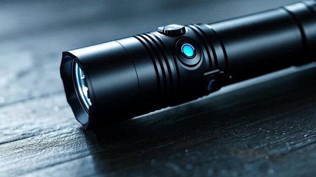 A high-angle close-up shot of a black flashlight with a bright blue LED light.