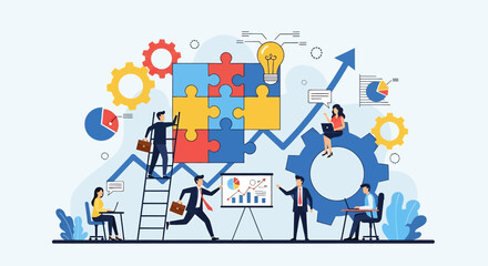 Flat illustration of teamwork solving business puzzle with charts, gears, and growth arrows, symbolizing strategy, collaboration, innovation, problem solving, and corporate success