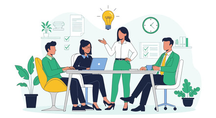 Flat illustration of business team brainstorming with laptop and documents in modern office, symbolizing teamwork, leadership, innovation, productivity, and corporate success strategy