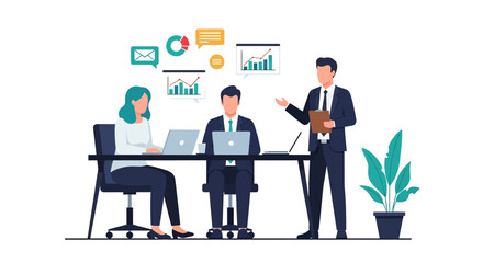 Flat illustration of business meeting teamwork with professionals analyzing charts, communication, and strategy, symbolizing leadership, management, corporate planning, and success